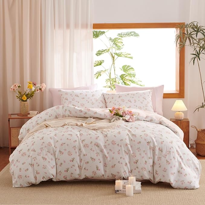 Floral Comforter Set Queen Size - 3 Pieces Pink White Floral Comforter Bedding Sets Reversible Pattern,Queen Bed in a Bag with Flowers Comforter and 2 Pillowcases