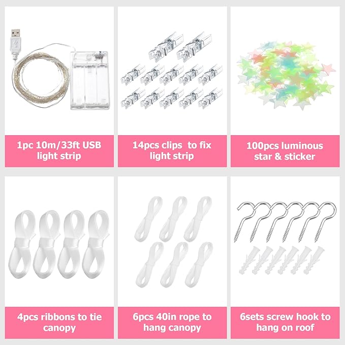 Twin Size Bed Canopy with Lights, Bed Canopy for Girls Princess with Luminous Stars, Canopy Bed Curtains for Twin Bed Kids Indoor Decor Bedroom, 4 Corner Post Bunk Bed for Student Dormitory, White