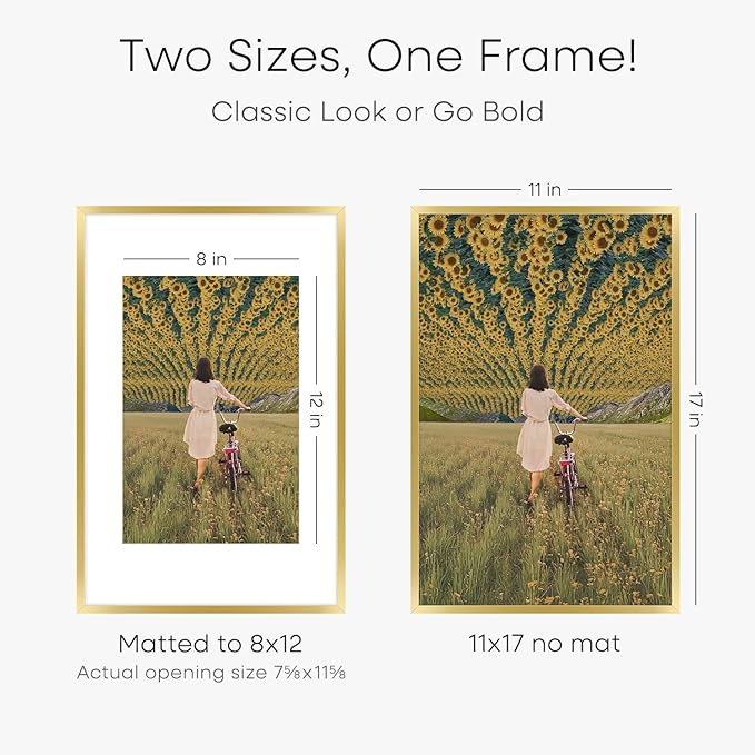 Homeforia 11x17 Picture Frame Gold, High End Metal 11x17 Poster Frames with Mat 8x12 for Photo, 11 x 17 Gold Frame Matted to 8 by 12 Print, 17x11 Thin Hanging Frame, Tempered Glass, Wall Kit, Set of 1