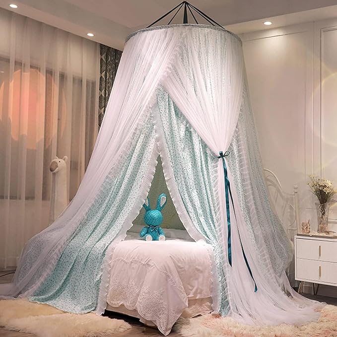 Kertnic Luxurious Bed Canopy for Girls & Adults, Large Elegant Double Layer Bed Curtain Canopy Drapes, Round Dome Lace Princess Canopies Netting (Fresh)