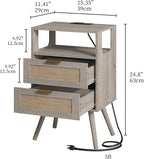 Rattan Nightstand with Charging Station,Farmhouse Bedside Table with 2 Storage Drawer and Open Wood Shelf, for Bedroom and Small Spaces,Night Stand with Solid Wood Legs (Grey Oak-Outlet)