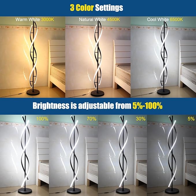 LENIVER LED Spiral Floor Lamp, Unique 3 Color Dimmable Standing Lamp, Modern Creative Standing Pole Lamps with Remote Control for Living Room, Bedroom and Office - Black
