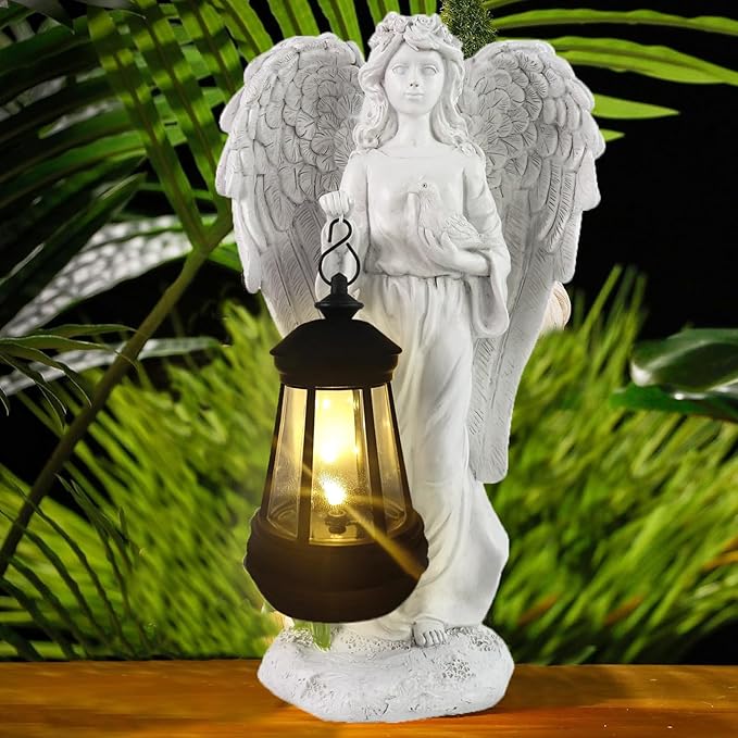 Solar Angel Garden Statue, Angel Figurine Outdoor Decor with Warm White Solar Lantern Garden Angel Figurine Outdoor Statue Waterproof Angel Sculpture Lawn Yard Art Patio Ornament Housewarming Gift