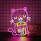 Cat Boba Tea Neon Sign, Neon Signs for Wall Decor Neon LED Signs Room Neon Light Up Signs Home Decor for Bedroom Club Party Bar Shop USB Operated