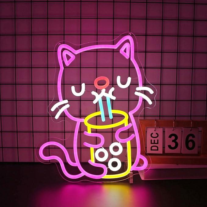 Cat Boba Tea Neon Sign, Neon Signs for Wall Decor Neon LED Signs Room Neon Light Up Signs Home Decor for Bedroom Club Party Bar Shop USB Operated