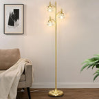Gold Floor Lamp, Dimmable Tree Floor Lamps for Living Room Brass Tall Standing Lamp with 3 Rotatable Lights Glass Shade 66.5'' Modern Corner Lamp for Bedroom Office(3LED Bulbs Included)