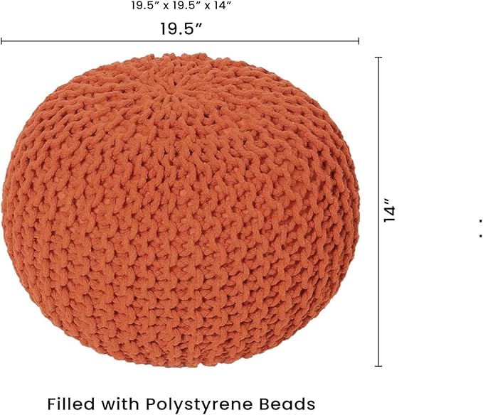 REDEARTH Round Pouf Ottoman - Hand Knitted Cable Boho Poof - Pouffe Circular Footrest for Living Room - Bedroom - Patio - 100% Cotton (19.5"x19.5"x14") - Burnt Orange