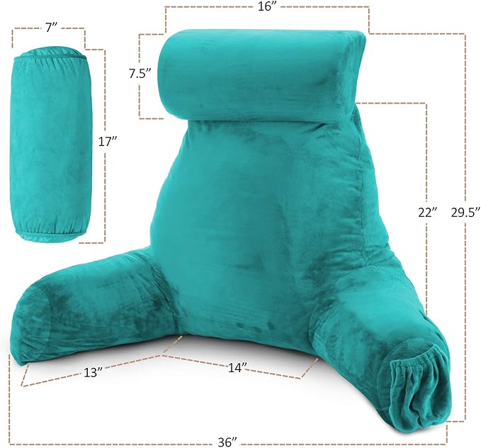 Nestl Reading Pillow Large Bed Pillow, Back Pillow for Sitting in Bed Shredded Memory Foam Chair Pillow, Reading & Bed Rest Pillows Teal Back Pillow for Bed, Bed Chair Arm Pillow with Pockets
