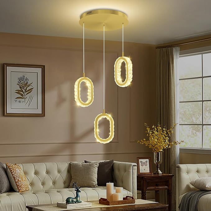 Dimmable Oval Pendant Light Modern LED Pendant Lights for Kitchen Island Adjustable Crystal Ring Chandelier for Dining Room Bedroom Living Room 3-Light Gold