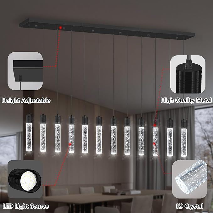 Modern Crystal Chandeliers LED Pendant Light for Kitchen Island Dining Room Entrance Foyer Living Room 6000K Black