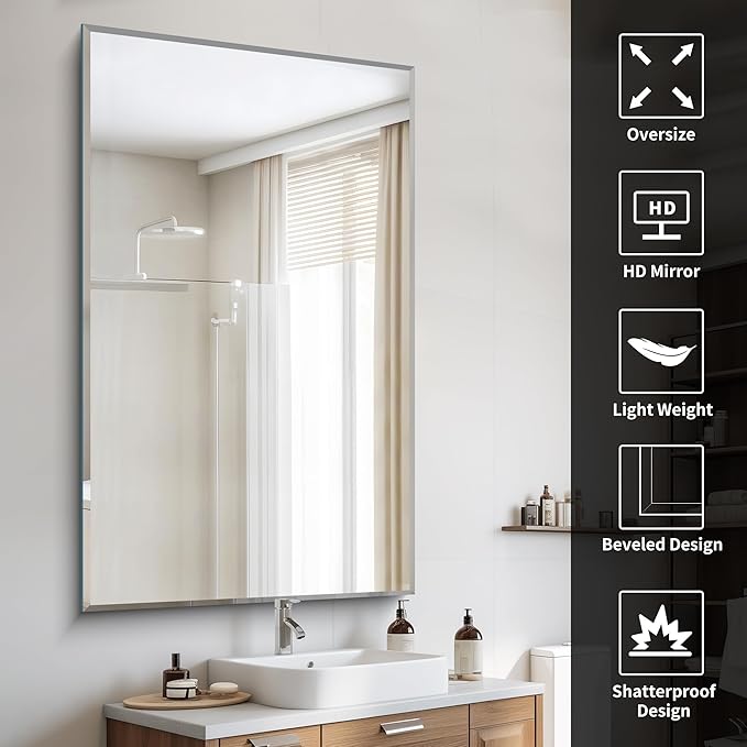 60x36 Large Beveled Mirror, Frameless Beveled Bathroom Mirrors for Over Sink, Upgraded Shatterproof Beveled Frameless Vanity Mirror for Bathroom,Bedroom,Living Room and Entryway