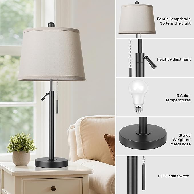 PARTPHONER Bedside Lamps Set of 2, Tall Table Lamps for Living Room, Height Adjustable Nightstand Lamps for Bedroom Office, Modern End Table Lamps with Pull Chain(LED Bulbs Included), Black