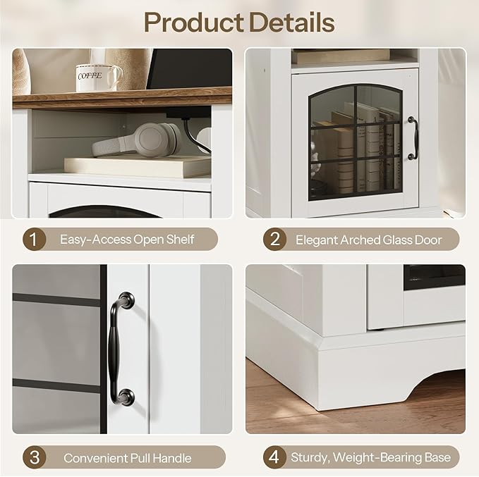 HOOBRO Small Farmhouse End Table for Living Room, Rustic Nightstand with Charging Station, Wooden Sofa Side Table with Tempered Glass Barn Door, for Bedroom, White and Walnut WH405UBZ01