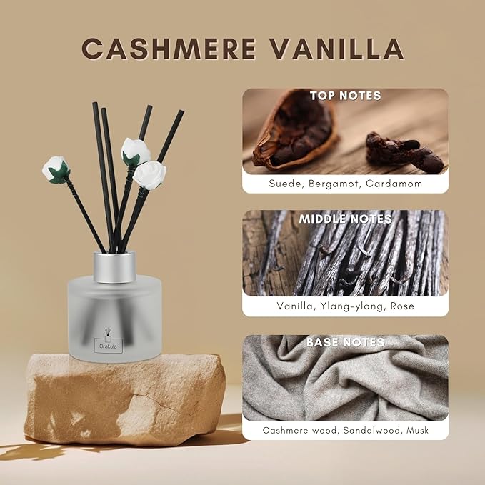 Brakula Reed Diffuser Cashmere Vanilla Scented， Reed diffusers for Home， Home Fragrance Diffuser with 7 Reed Sticks for Room/Bathroom Decor 3.38 fl oz (Cashmere Vanilla)
