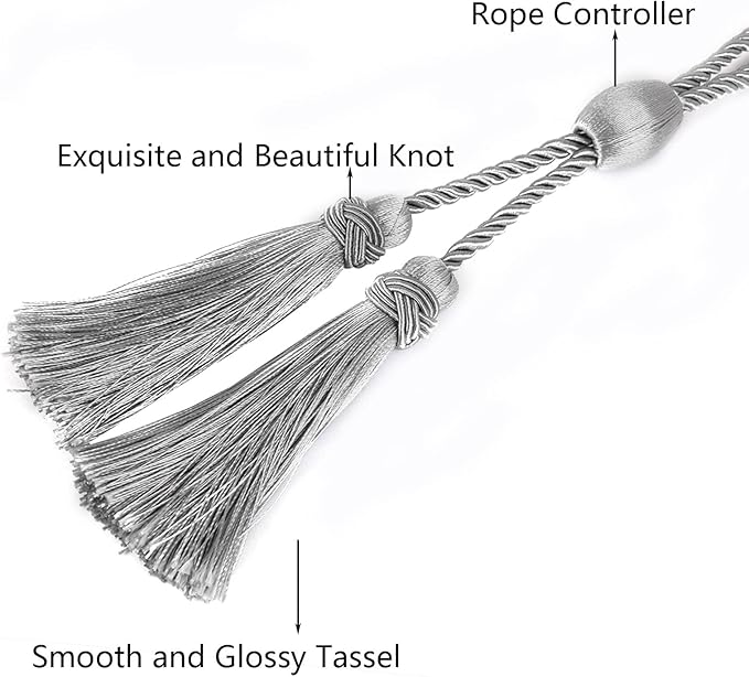 Silver Curtain Tiebacks with Tassel,Modern Rope Window Curtain Ties Backs for Draperies, Outdoor Elegant Decorative Curtain Holdbacks