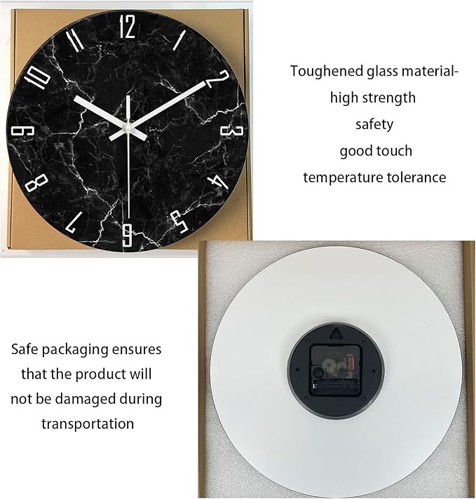Black Minimalist Wall Clocks for Living Room Glass Marble Pattern Wall Clocks Battery Operated 12 Inch Abstract Wall Clock Non Ticking