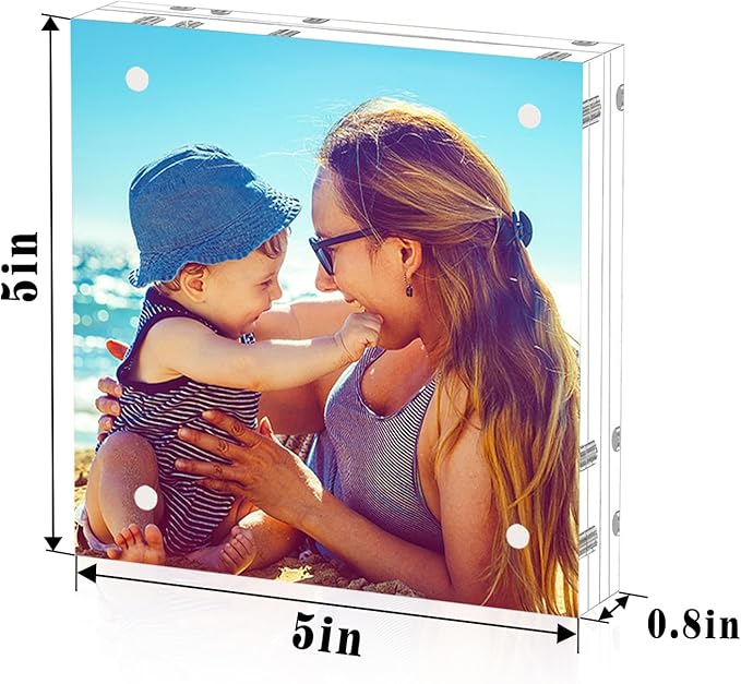 HELPLEX 5 Pack 5x5 Acrylic Picture Frames, 20mm Thicker Frameless Clear Frame Double Sided Magnetic Frame, Free Standing Desktop Display Stand Acrylic Frames