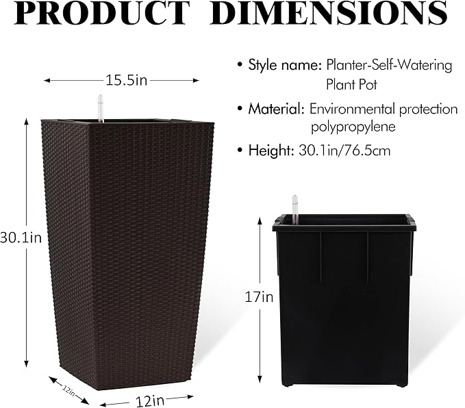 30in Tall Large Plant Pots Planter-Self-Watering Indoor/Outdoor Planting with Drain Holes, Water Level Monitor, Inner Bucket for Front Porch Patio, Brown Large