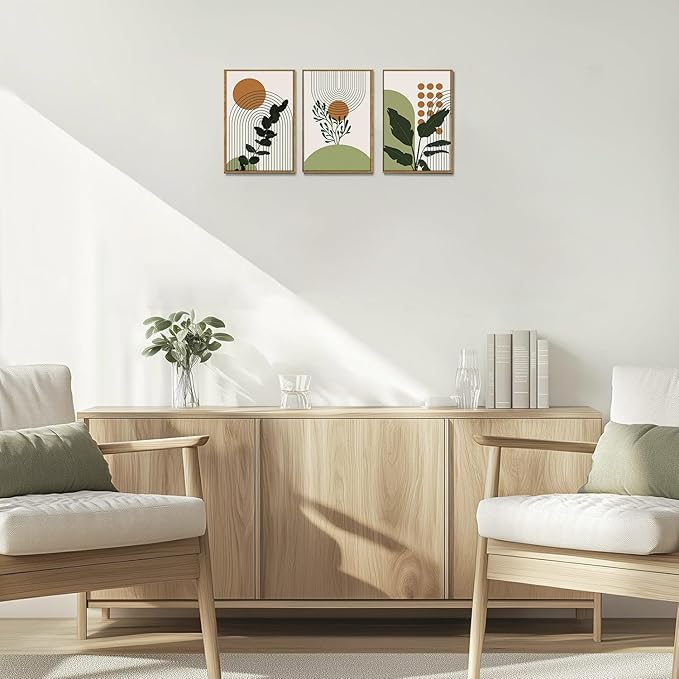 Bwodke Boho Wall Art, Framed Abstract Wall Art, Botanical Canvas Wall Decor, Mid Century Plant Leaf Geometric Pictures Set of 3, Minimalist Paintings, for Bedroom Living Room Bathroom 12"x16"
