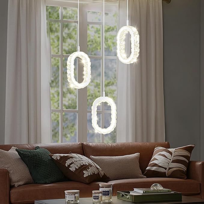 Dimmable Oval Pendant Light Modern LED Pendant Lights for Kitchen Island Adjustable Crystal Ring Chandelier for Dining Room Bedroom Living Room 3-Light Silver