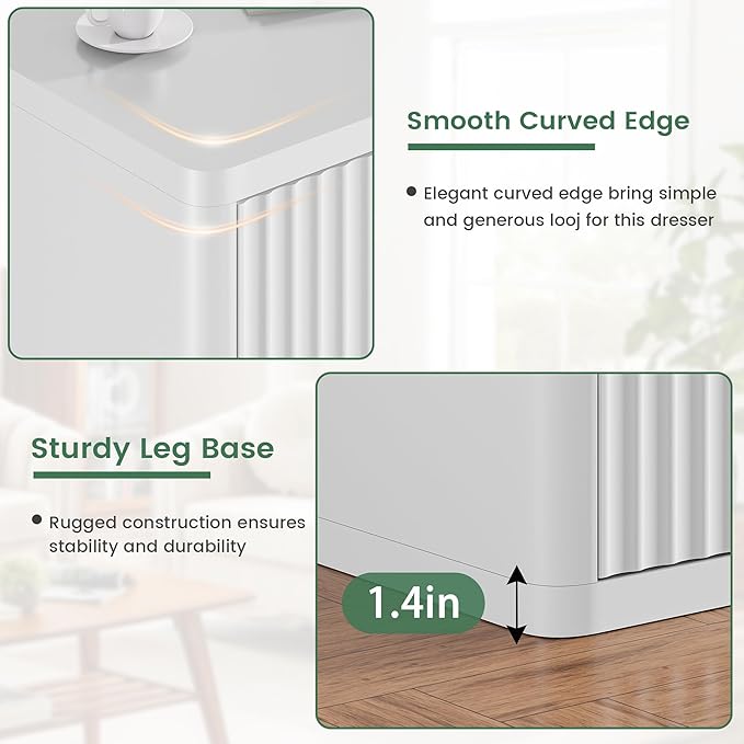 White 9 Drawers Dresser, 57" Wide Fluted Dresser for Bedroom, Modern Chest of Drawers with Curved Profile, Handleless, Wooden TV Stand with Organizer Storage for Living Room, Entryway