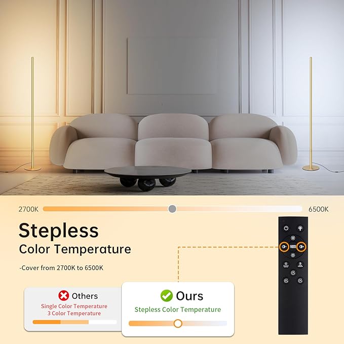 Marlrin Minimalist Corner Floor Lamp 2700K-6500K Dimmable with Remote Control 57.8" Height Metal Slim Ambient Standing LED Light Modern Design Decorative Lamp for Living Room Bedroom (Gold)