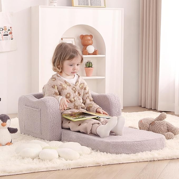 Welnow 2-in-1 Kids Sofa Chair, Convertible Toddler Chair Flip Out Children Sofa Chair with Wave Armrests Folding Kids Play Sofa with Side Pockets & Removable Cover Armchair for Girl or Boy
