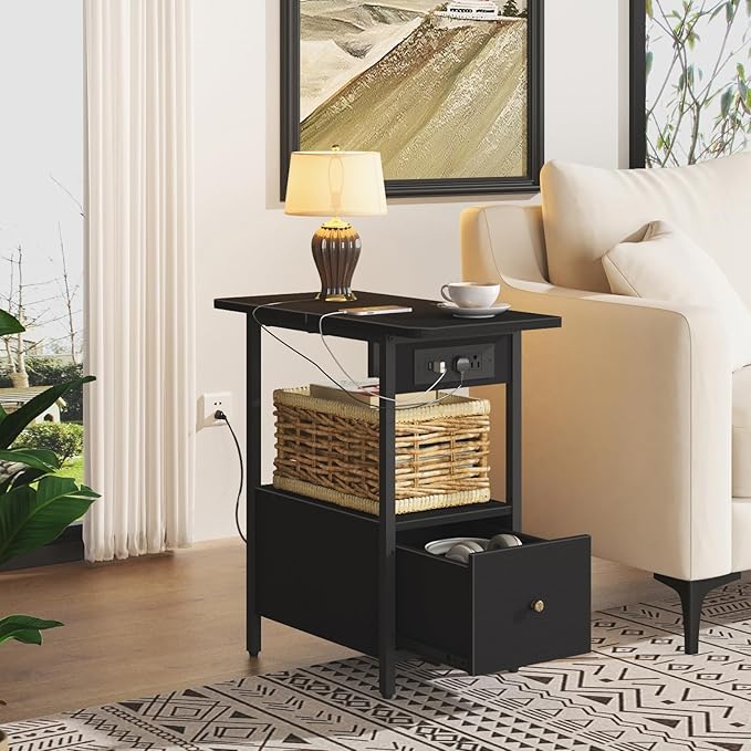 LIDYUK End Table with Charging Station, Narrow Side Table with Drawer and USB Ports & Power Outlets, Nightstand Bedside Tables for Small Spaces, Bedroom, Living Room, Black