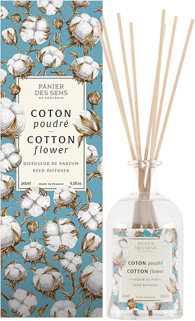 Panier des Sens - Cotton Flower Reed Diffuser 8.1 fl.oz – Long Lasting Fragrance 5+ Months - Elegant Home Decor - Oil-Based Scent Diffuser - Made in France Home Fragrance - 90% Natural Ingredients