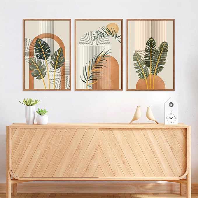 KAIRNE Boho Canvas Wall Art,Tropical Palm Leaf Wall Decor,Mid-Century Geometric Illustrations Set of 3(16”X24”),Abstract Line Pictures,Modern Botanical Prints for Living Room Bedroom Dining Room Decor