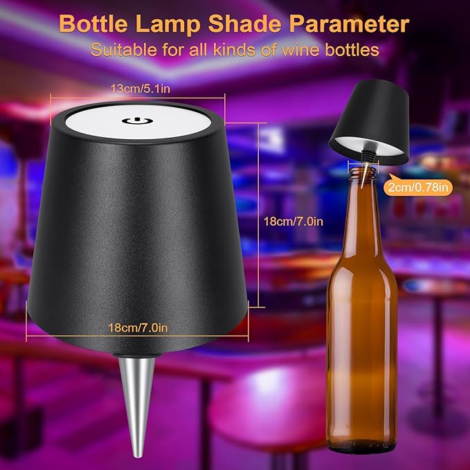 DUSKTEC Wireless Wine Bottle Lampshade, 8 RGB Light Modes, Light Temperature 3000-6500K, Rechargeable Touch Wine Bottle Lamp, Portable Wireless Bottle Lamp, Bar Lights, Party, Gift (Black, 2PCS)