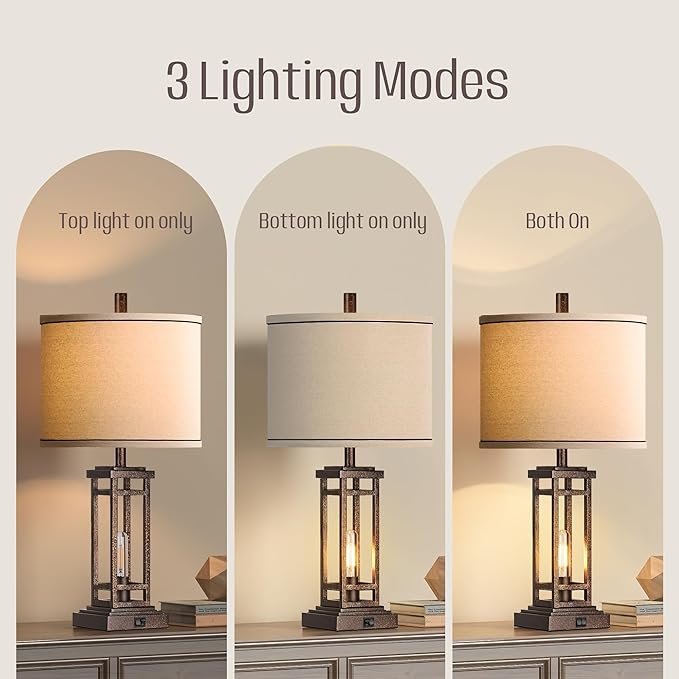 27.5 Tall Farmhouse Table Lamps with USB C + USB A Charge Ports, Rustic Living Room Lamps Set of 2, Black Industrial End Table Lamp for Bedroom Living Room Nightstand (Bronze)