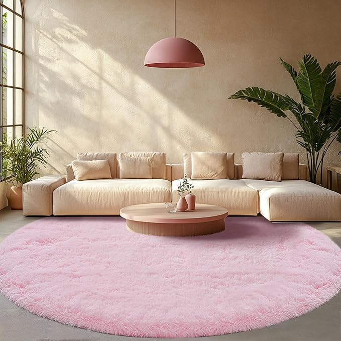 Round Rug 7x7Feet for Living Room: Pink Shag Round Area Rugs for Living Room-7x7Feet Large Ultra Soft Fluffy Carpet for Girls Bedroom- Pink Shaggy Rugs for Bedroom, Nursery Room