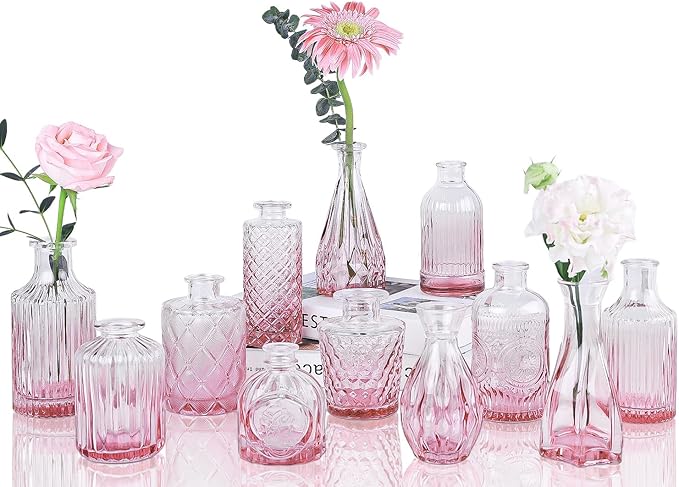 Pink Glass Bud Vases Set of 12, Mini Flower Vase for Centerpieces, Small Vases in Bulk for Wedding Decorations, Vintage Vase for Table, Home Décor
