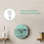 Plumeet Wall Clock, 12'' Frameless Wooden Wall Clocks with Silent Quartz Movement, Rustic Coastal Country Village Clocks Decorative for Kitchen Bedroom Living Room, Green