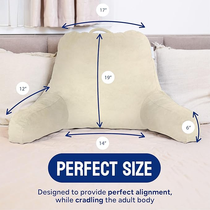 ComfortSpa Reading Pillow for Bed Adult Size, Back Rest Pillow with Arms, Pockets and Washable Cover; Use as a Back Pillow for Sitting in Bed for Bedrest or Relief from GERD Heartburn (X-Large Cream)