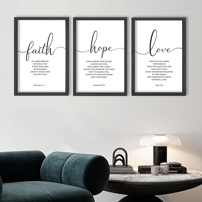 FZMHASLWW Faith Hope Love Sign Wall Decor 16"×11" Set of 3 Bible Verse Christian Scripture Wooden Framed Wall Hanging Art (Black)
