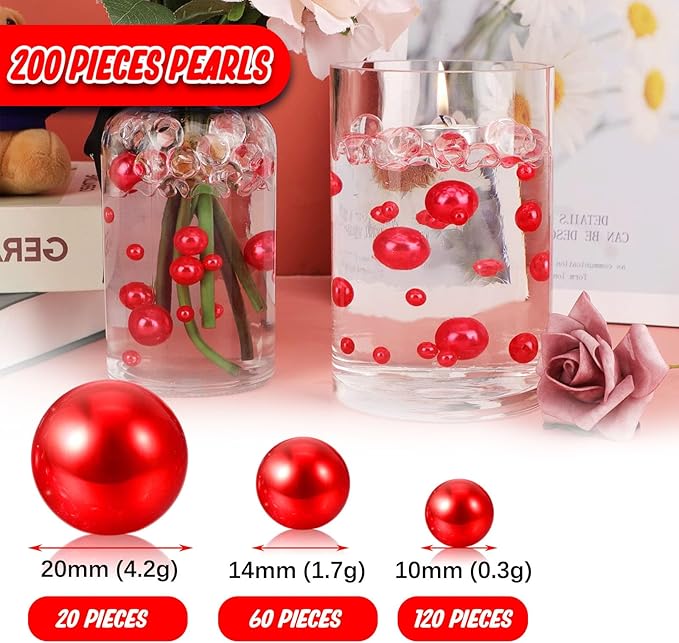 200 PCS Red Vase Fillers, Pearls Bead for Centerpieces Vases, 10/14/20 MM No Hole Beads, Fake Pearls for Wedding Birthday Anniversary Theme Party Table Centerpieces Decor