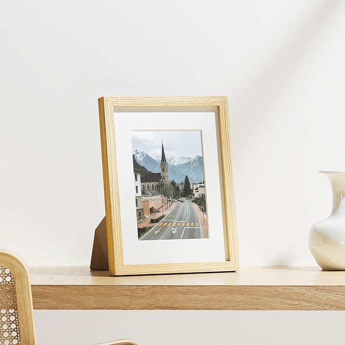 Vittanly 8.5x11 Picture Frames Set of 9, Shatter Resistant Plexiglass, Display 6x8 Pictures with Mat or 8.5x11 without Mat, Photo Frames for Wall or Tabletop, Engineered Wood, OAK