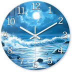XFM Blue Wall Clock Battery Operated 14 Inch Silent Non-Ticking Glass Clocks Moon Ocean Wave Round Clocks for Kitchen Bedroom Bathroom Decor