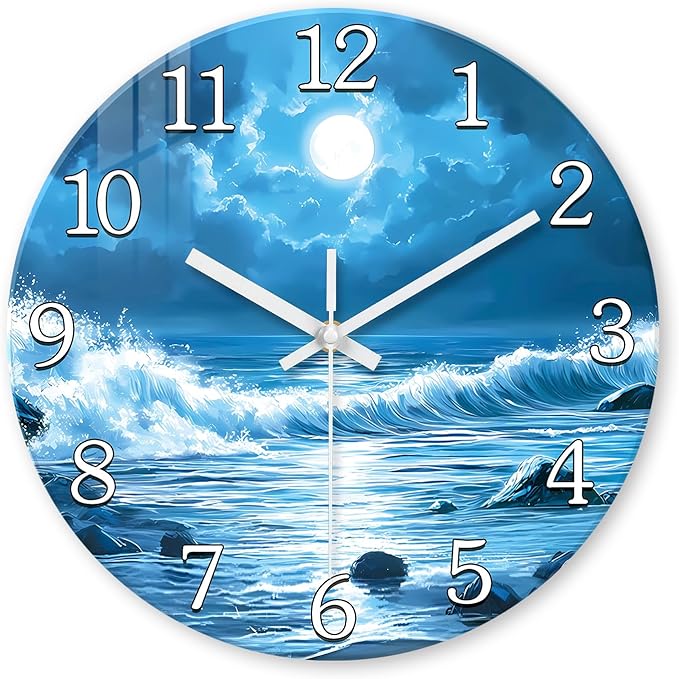 XFM Blue Wall Clock Battery Operated 12 Inch Silent Non-Ticking Glass Clocks Moon Ocean Wave Round Clocks for Kitchen Bedroom Bathroom Decor