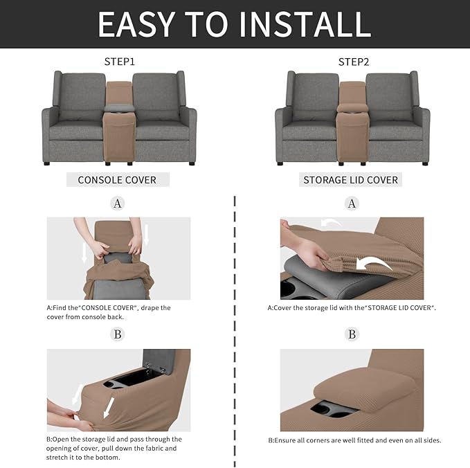 Easy-Going 2-Piece Recliner Console Cover for Reclining Loveseat Covers Stretch Jacquard Middle Console Cover for Recliner Couch and Sofa Camel