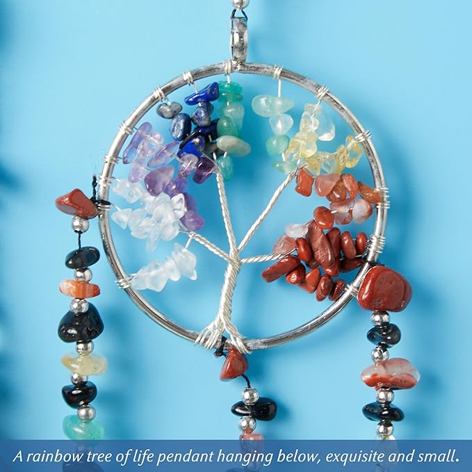 7 Chakras Black Dream Catchers Tree of Life Dream Catcher Rainbow Feather Dreamcatcher Wall Decor with Healing Crystal & Fluorite Wall Art Hanging for Bedroom Home Decor Bless Gift Wedding Garden