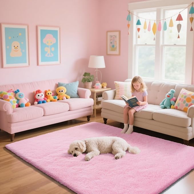 Pink Fluffy Rug Shaggy Area Rug, 8x10 Area Rugs for Girls Bedroom, Big Soft Shaggy Bedside Non-Slip Plush Dorm Nursery Kids Carpet Home Decor Aesthetic