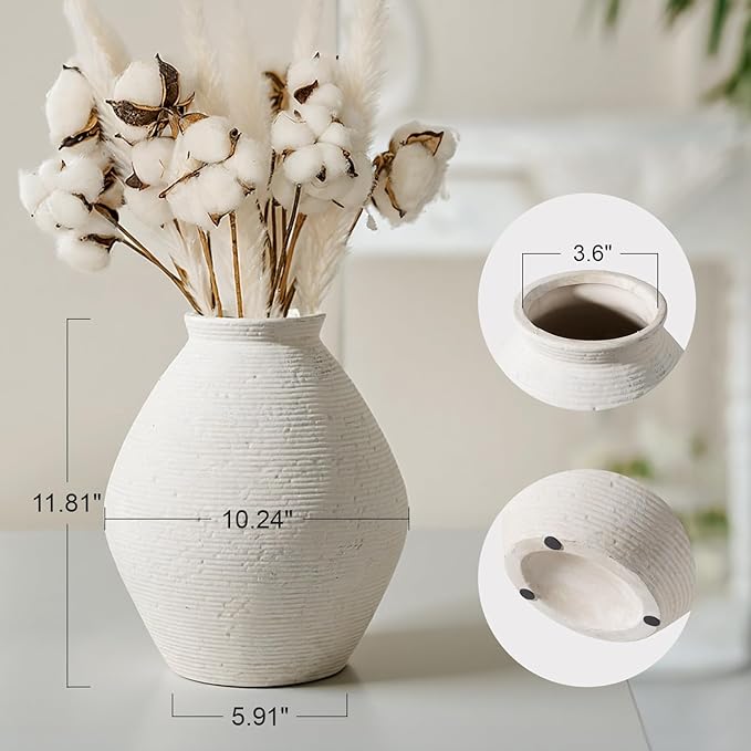 12” Ceramic Distressed Vase Handcrafted Rustic Neutral Decorative Floor Vases Home Decor Accent for Living Room, Dining Table, Entryway or Shelf Styling