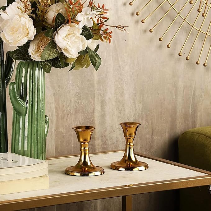 Rely+ Candlestick Holders Set of 2 Mini Stand Dinning Table Centerpiece Candle Holders Taper Candlesticks Holders Decor Home Candle Holder for Mantel Decorations (Gold)