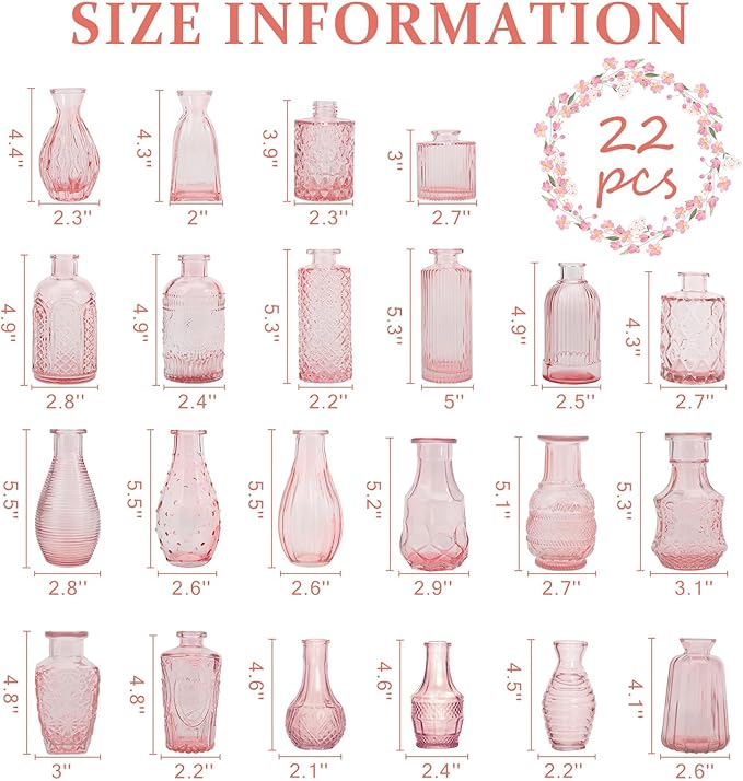 BEAHOT 22 Pack Pink Flower Vase in Bulk,Mini Vintage Glass Bud Vases for Centerpieces,Wedding Decor,Party & Home Decaration,Mother's Day (Pink)