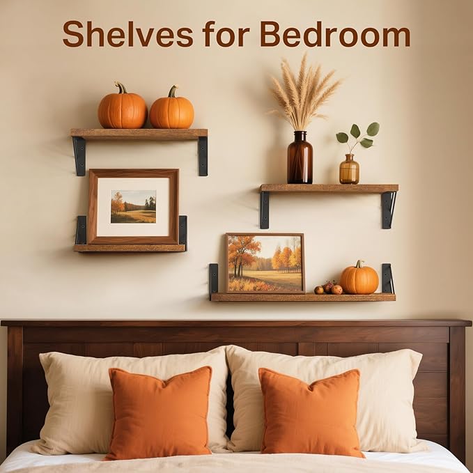 BAYKA Floating Shelves for Wall, Book Shelf for Bedroom, Wall Decor Shelves for Living Room Kitchen, Wood Floating Shelf for Home Decor, Corner Shelf for Bathroom, Office(Walnut-Toned,Set of 3)