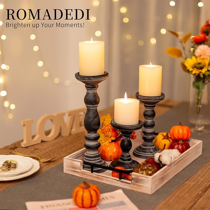 Candle Holder for Pillar Candles: Romadedi Set of 3 Decorative Wood Candlestick Holders, Rustic Wooden Candle Stand for Fireplace Mantle End Table Shelf in Farmhouse Style, Black 6”, 8.3”, 12”