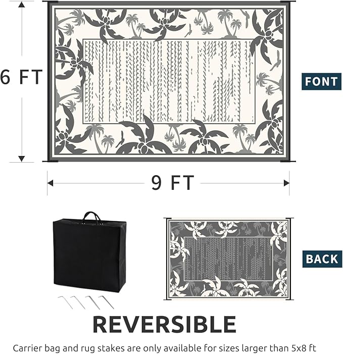 COCOER Outdoor-Rug 6x9 ft Waterproof Reversible Outdoor Plastic Straw Rug RV Indoor Outdoor Carpet Quick Dry Patio Rug Camping Mat for Balcony Backyard Picnic Beach-Grey&Beige